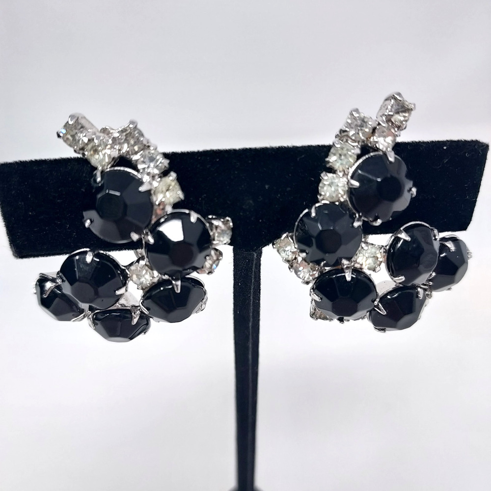 Vintage Black and Clear Rhinestone Clip Ons Left Right Climbers 1" Retro Glam